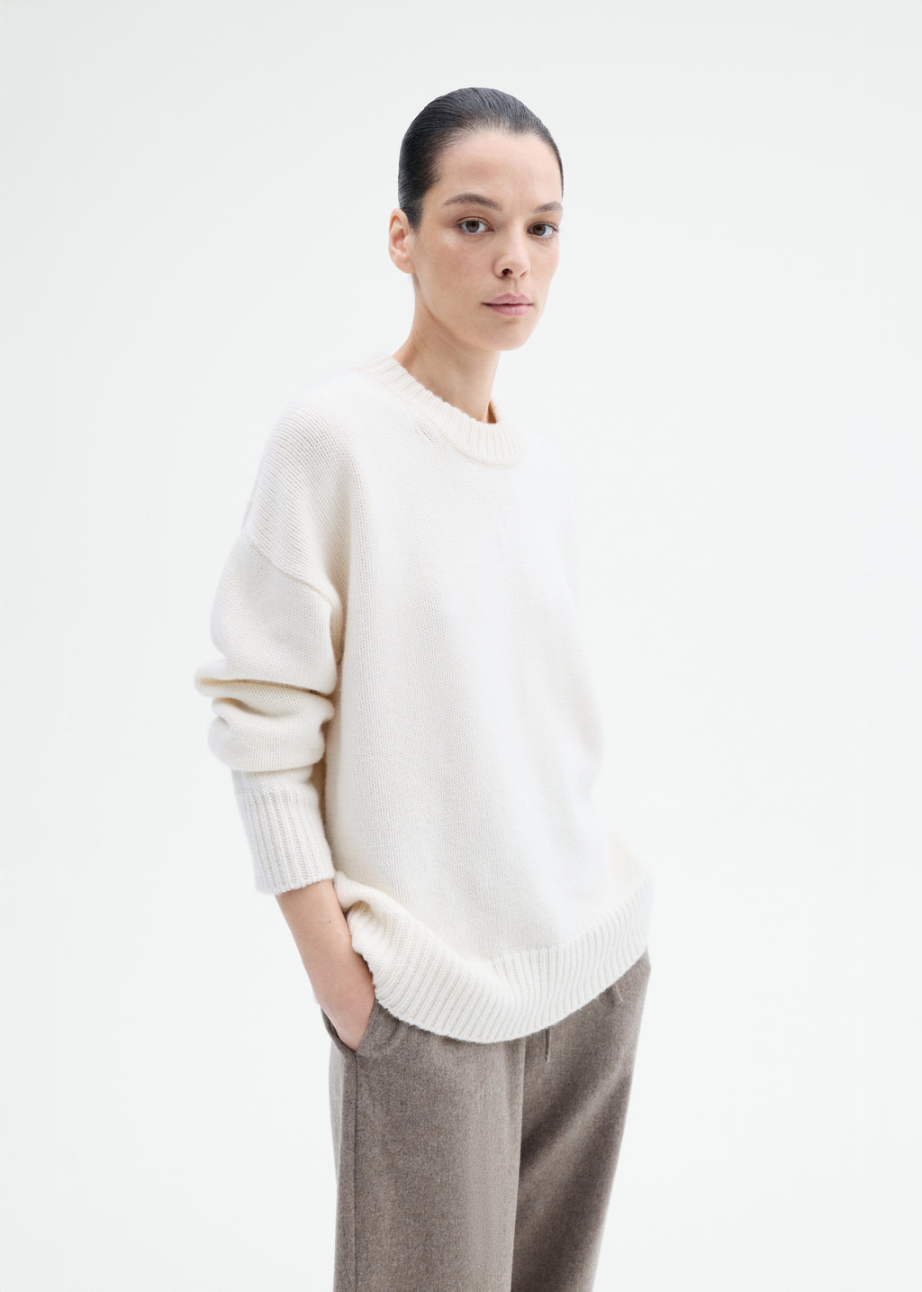 Boyfriend Crew Sweater in Wool Cashmere - Ivory - CO