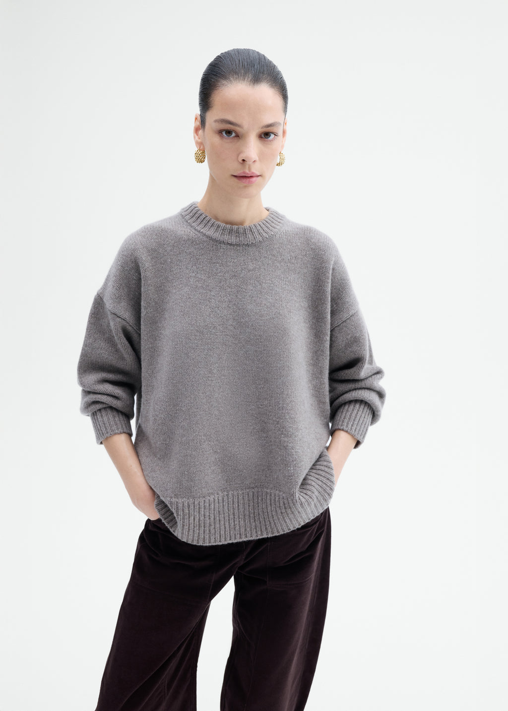 Boyfriend Crew Sweater in Wool Cashmere - Taupe - CO