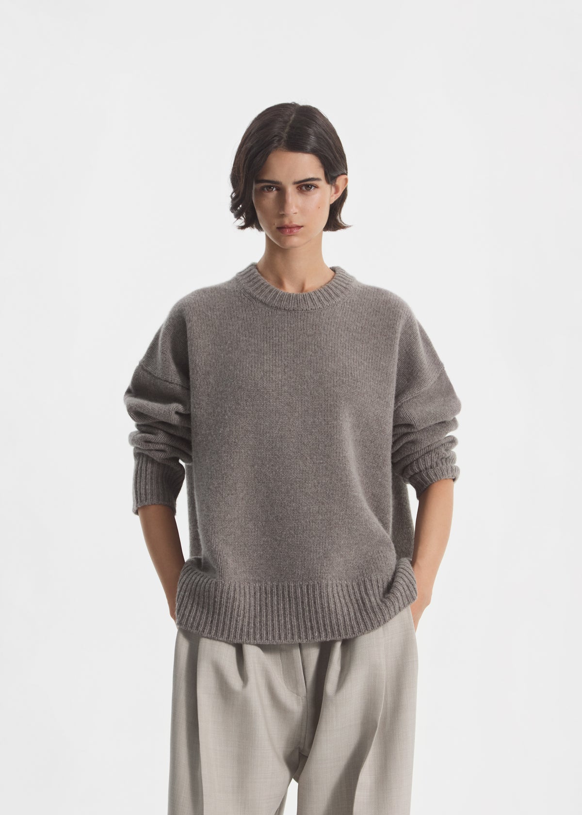 Boyfriend Crew Sweater in Wool Cashmere - Taupe, image 1 of 4