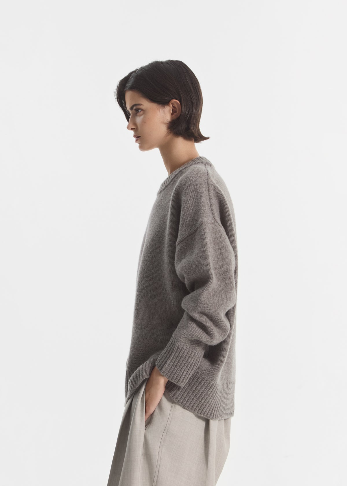 Boyfriend Crew Sweater in Wool Cashmere - Taupe, image 2 of 4