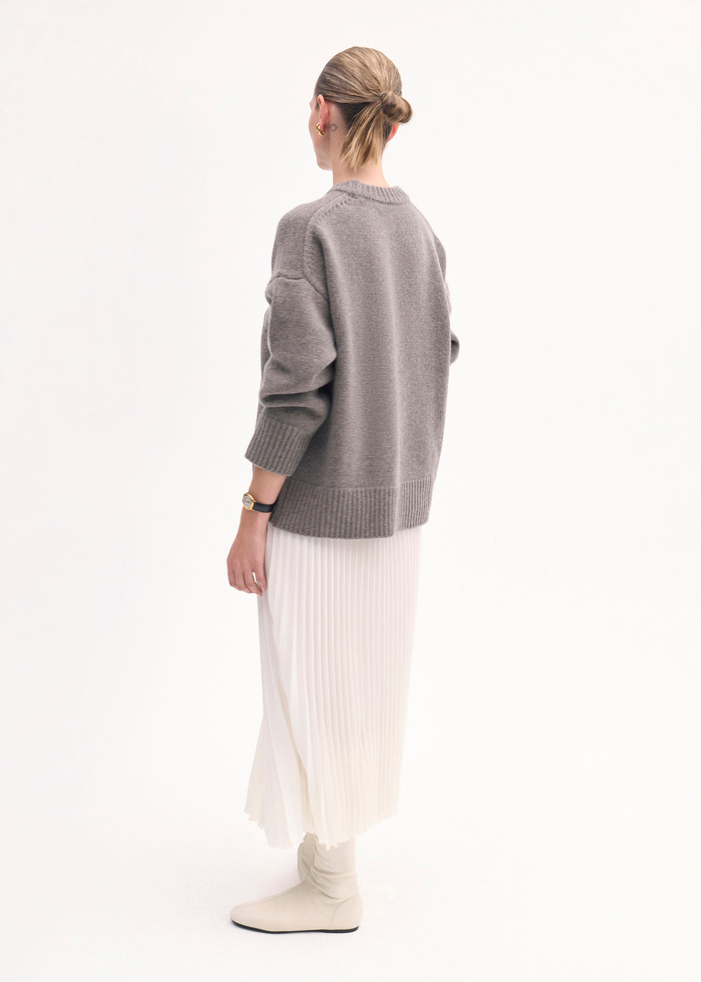Pleated Elastic Waist Skirt in Stretch Crepe - Ivory - CO