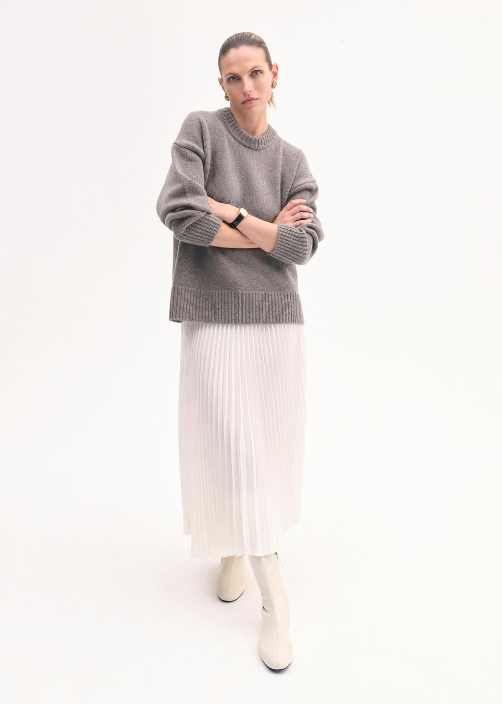 Pleated Elastic Waist Skirt in Stretch Crepe - Ivory - CO