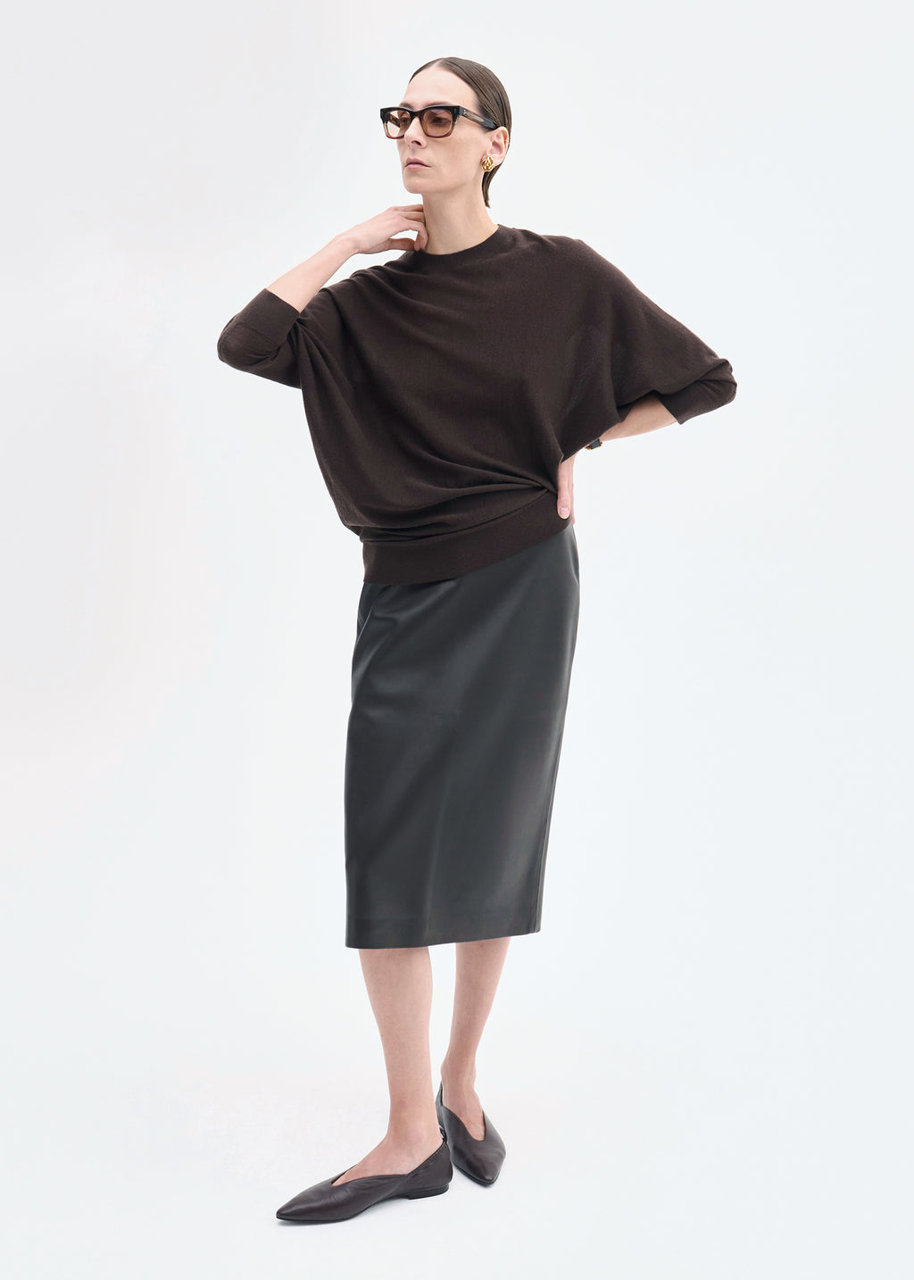 Midi Pencil Skirt in Leather - Chocolate - CO