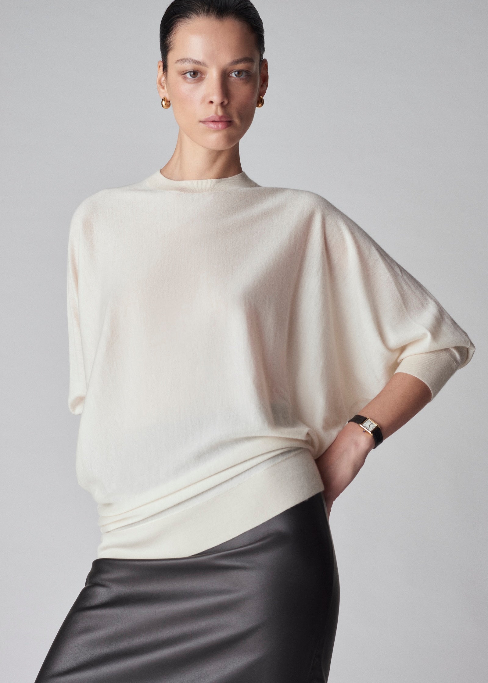 Draped Knit Top in Fine Cashmere - Ivory - CO Collections