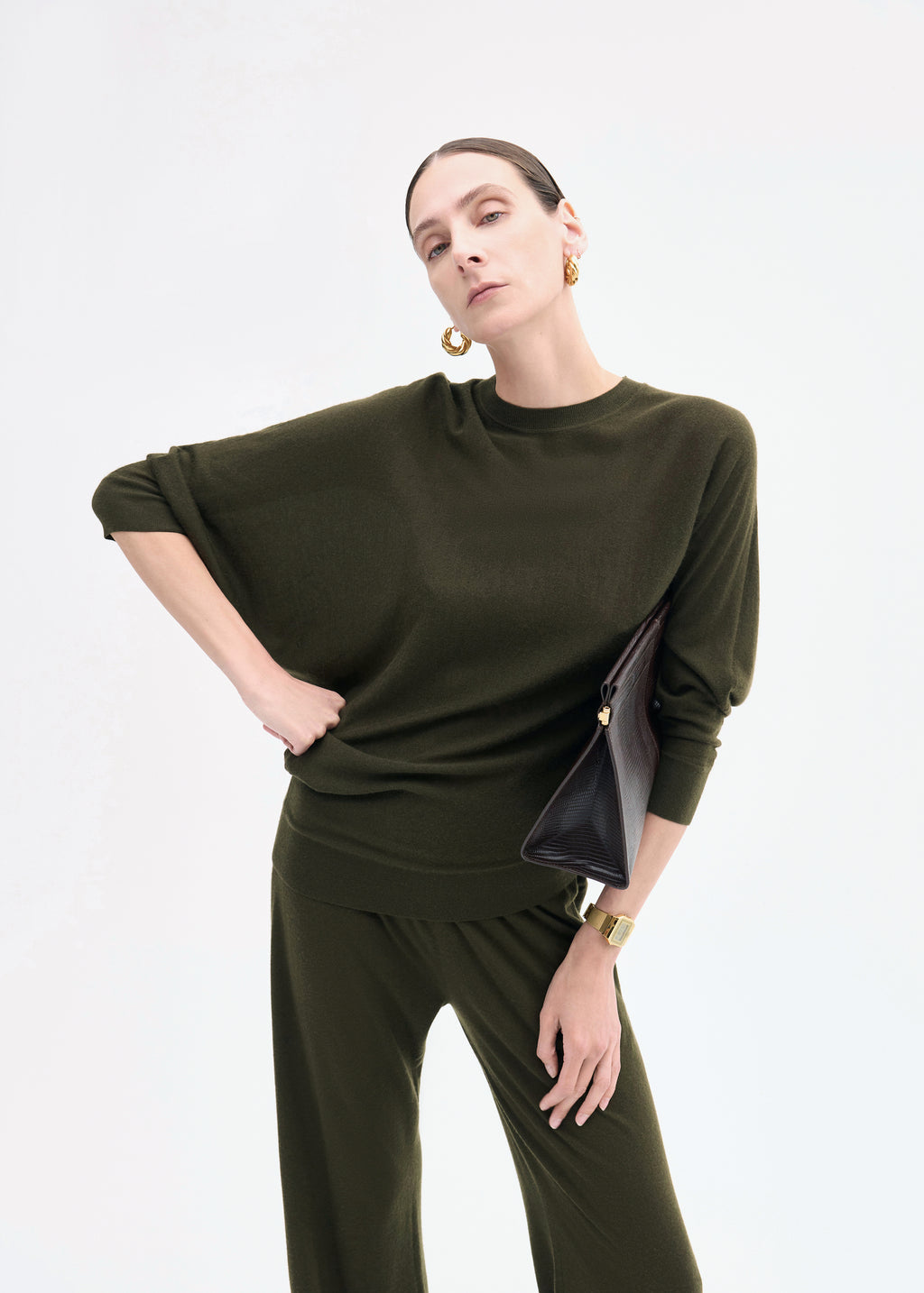 Draped Knit Top in Fine Cashmere - Olive - CO