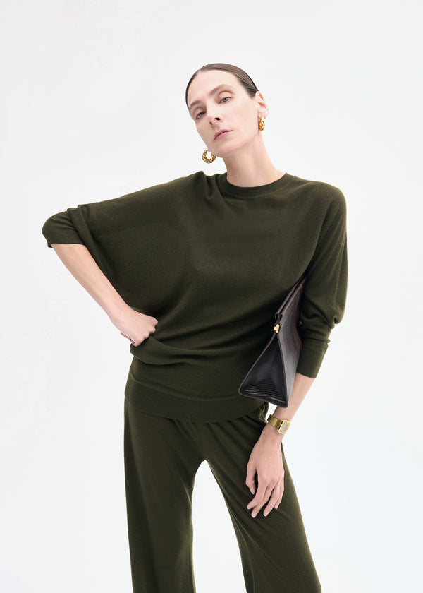 Draped Knit Top in Fine Cashmere - Olive - CO