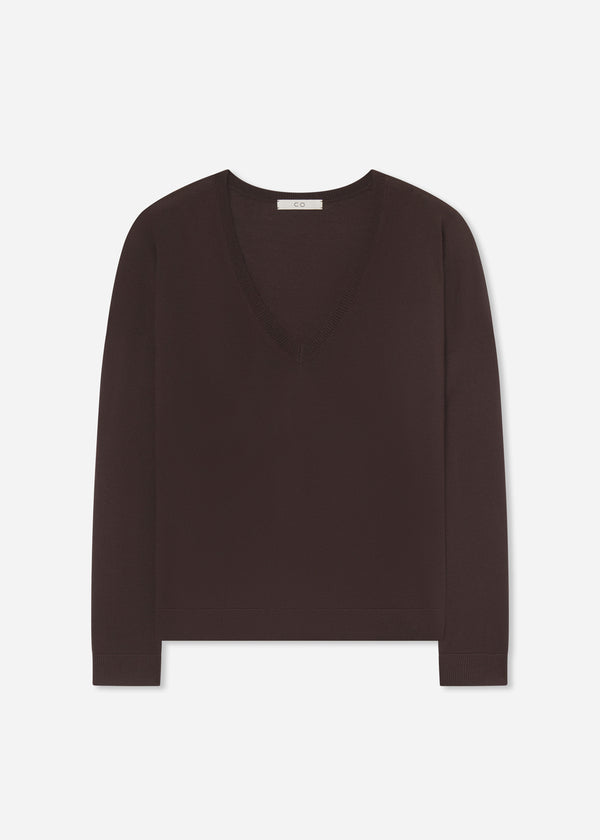 V-Neck Sweater in Fine Cashmere - Chocolate - CO
