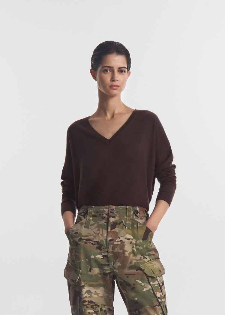 V-Neck Sweater in Baby Cashmere - Chocolate, image 1 of 5
