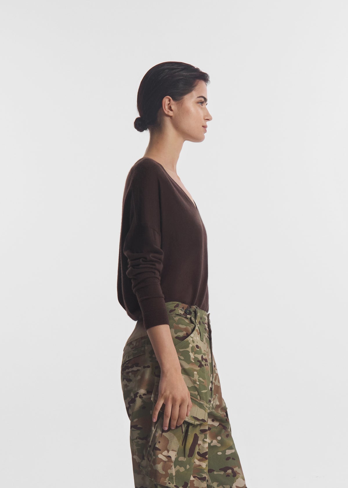 V-Neck Sweater in Baby Cashmere - Chocolate, image 2 of 5