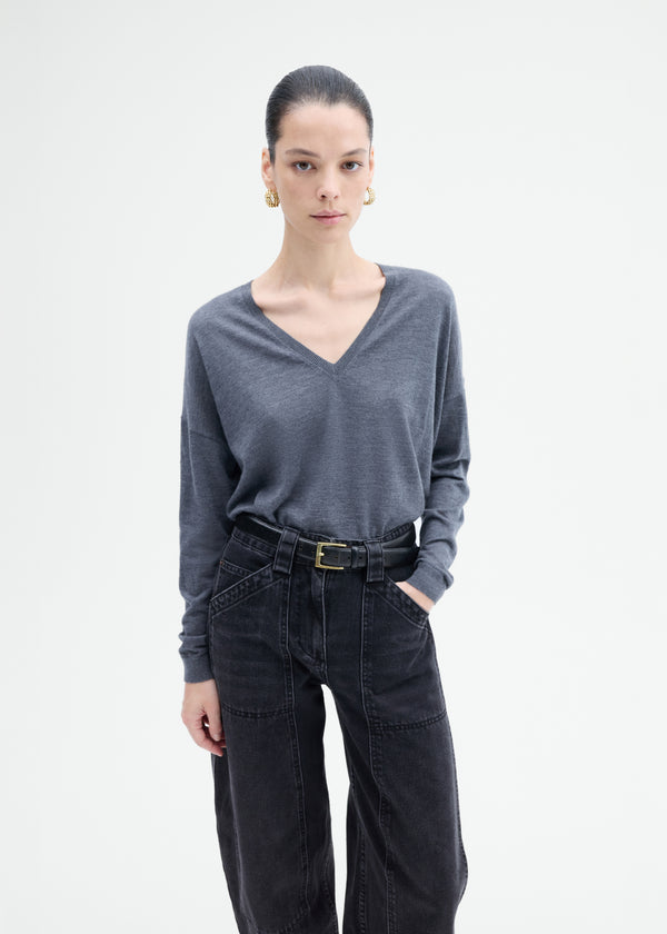 V-Neck Sweater in Fine Cashmere - Grey - CO
