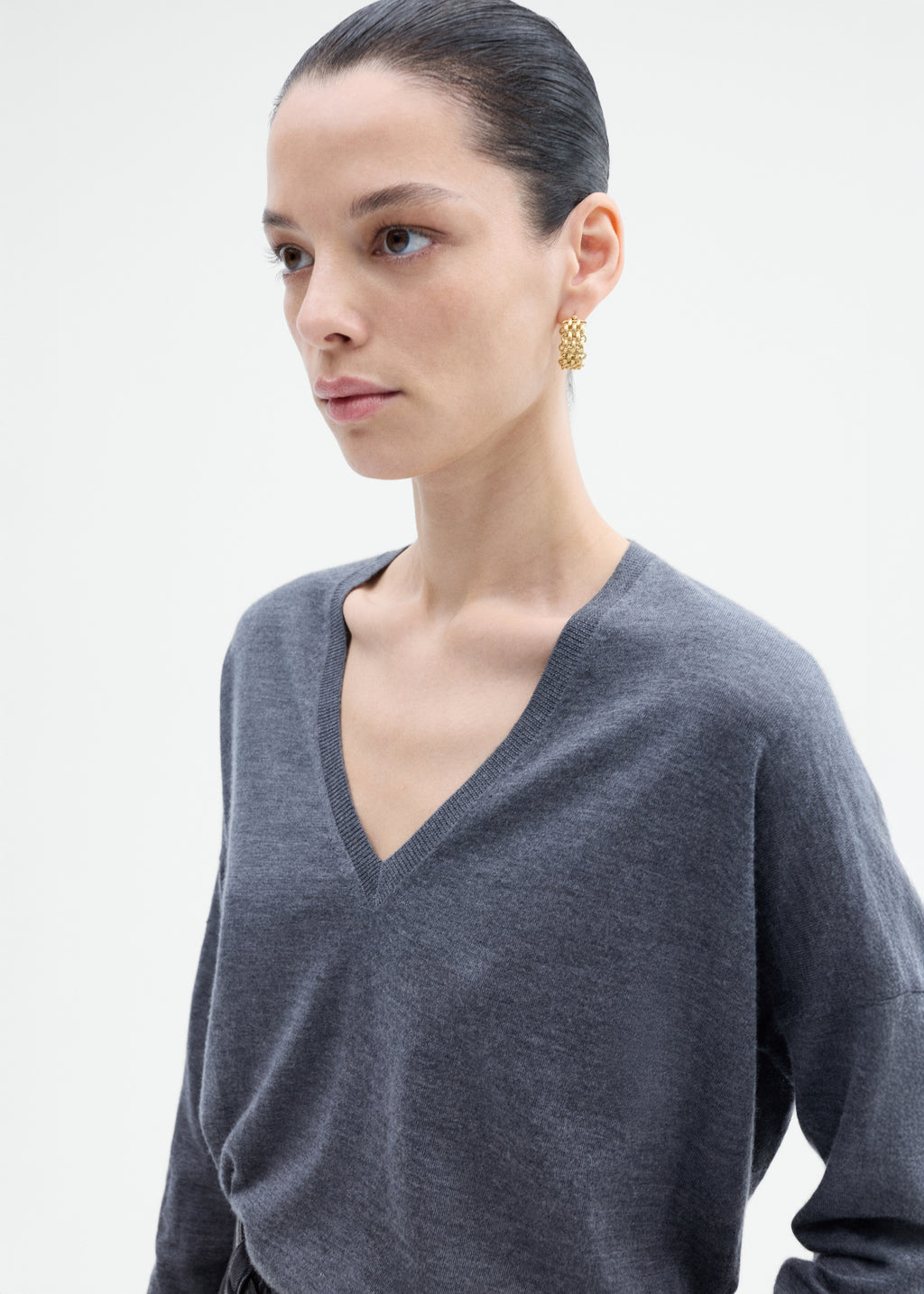 V-Neck Sweater in Fine Cashmere - Grey - CO