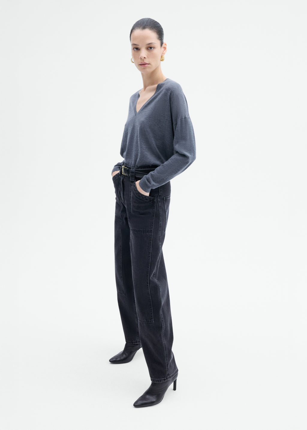 V-Neck Sweater in Fine Cashmere - Grey - CO