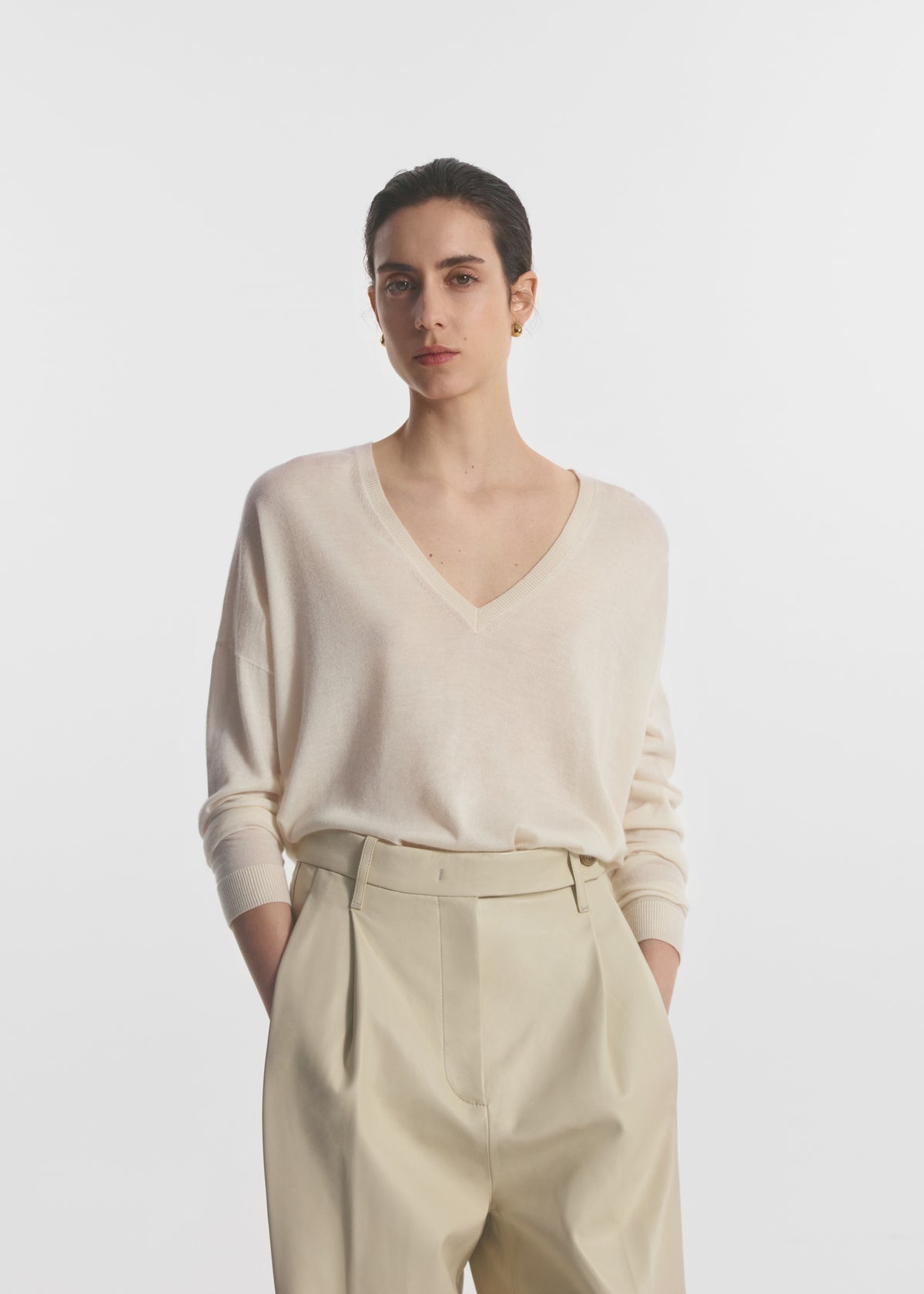 V-Neck Sweater in Fine Cashmere - Ivory, image 1 of 4