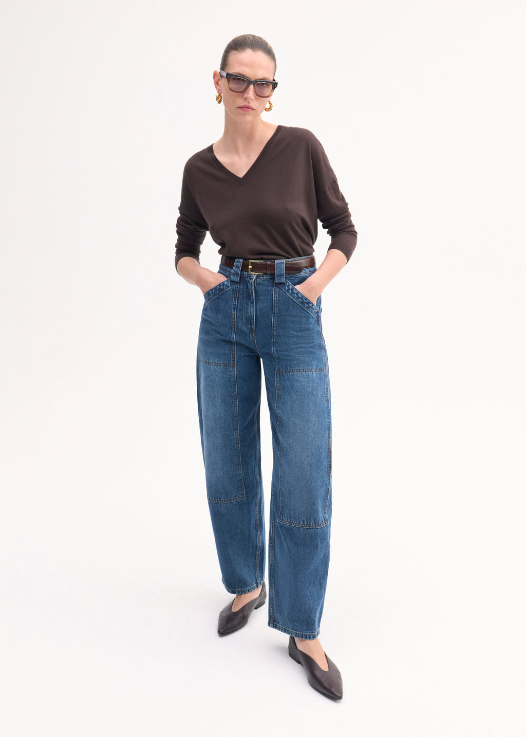 V-Neck Top in Fine Cashmere - Chocolate - CO