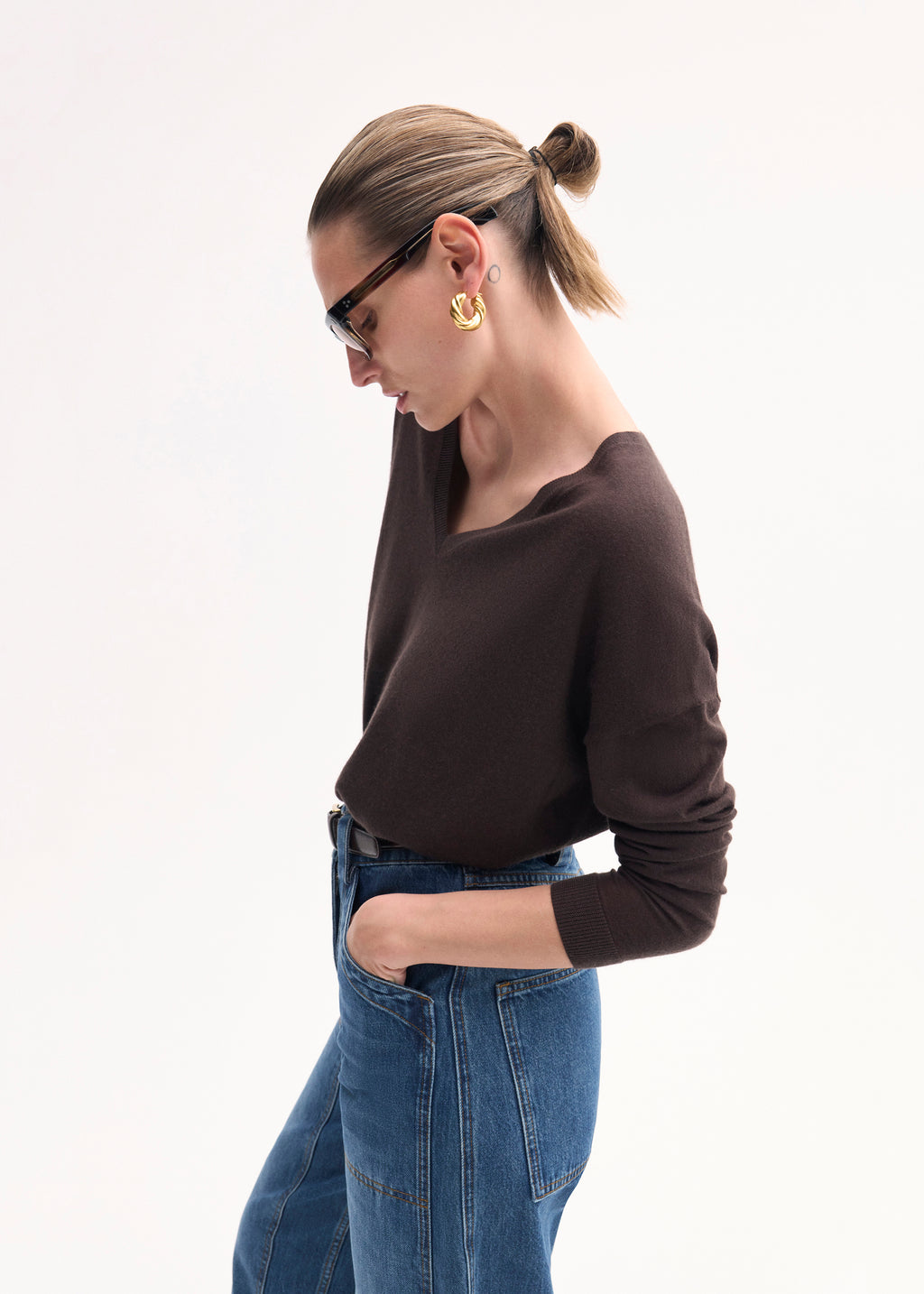 V-Neck Top in Fine Cashmere - Chocolate - CO