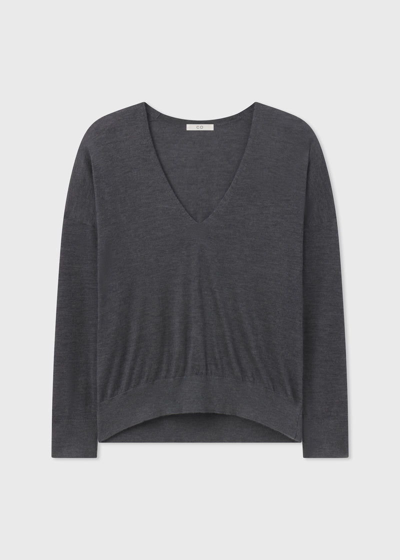 V-Neck Sweater in Fine Cashmere - Grey - CO