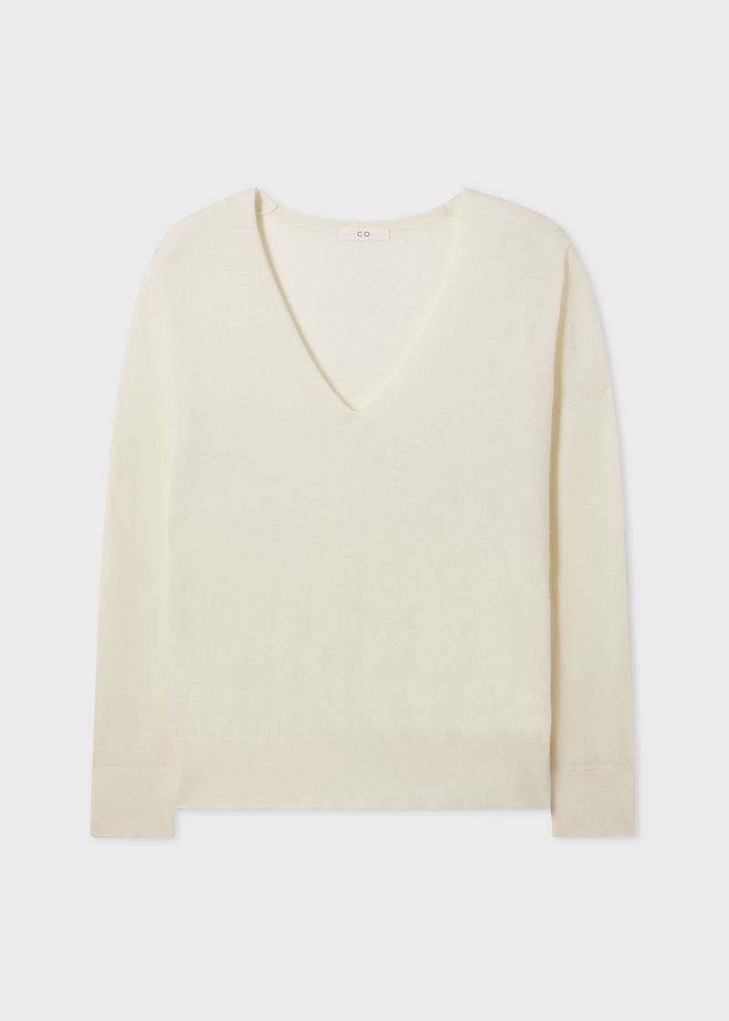 V-Neck Sweater in Fine Cashmere - Ivory - CO