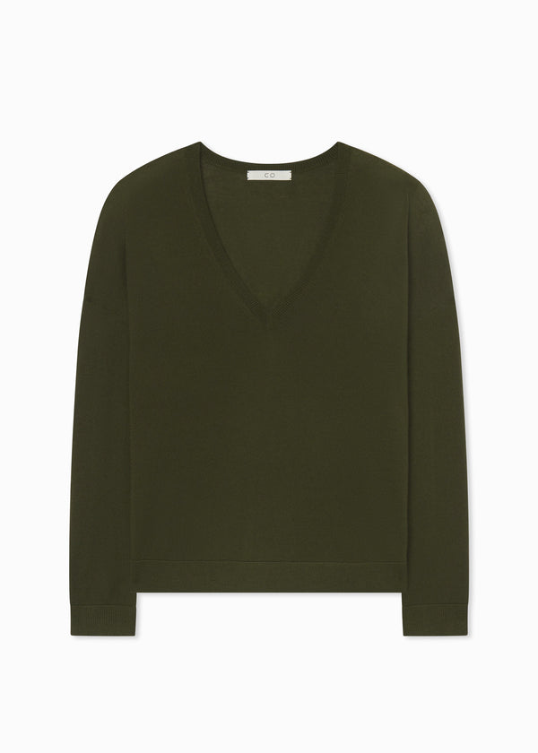 V-Neck Sweater in Fine Cashmere - Olive - CO