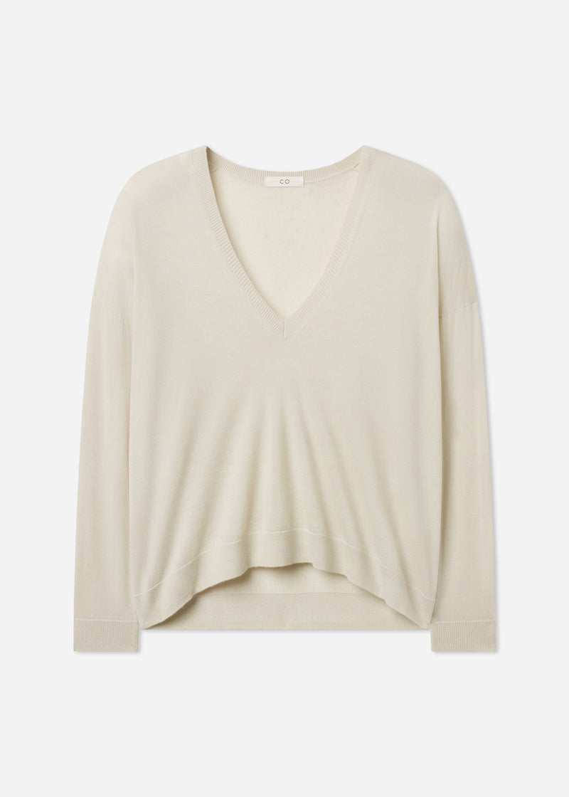 V-Neck Sweater in Fine Cashmere - Pearl - CO