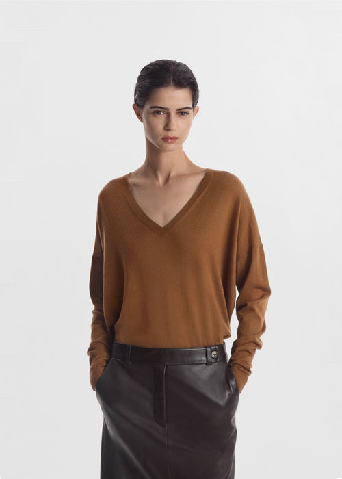 V-Neck Sweater in Fine Cashmere - Ginger, image 1 of 6