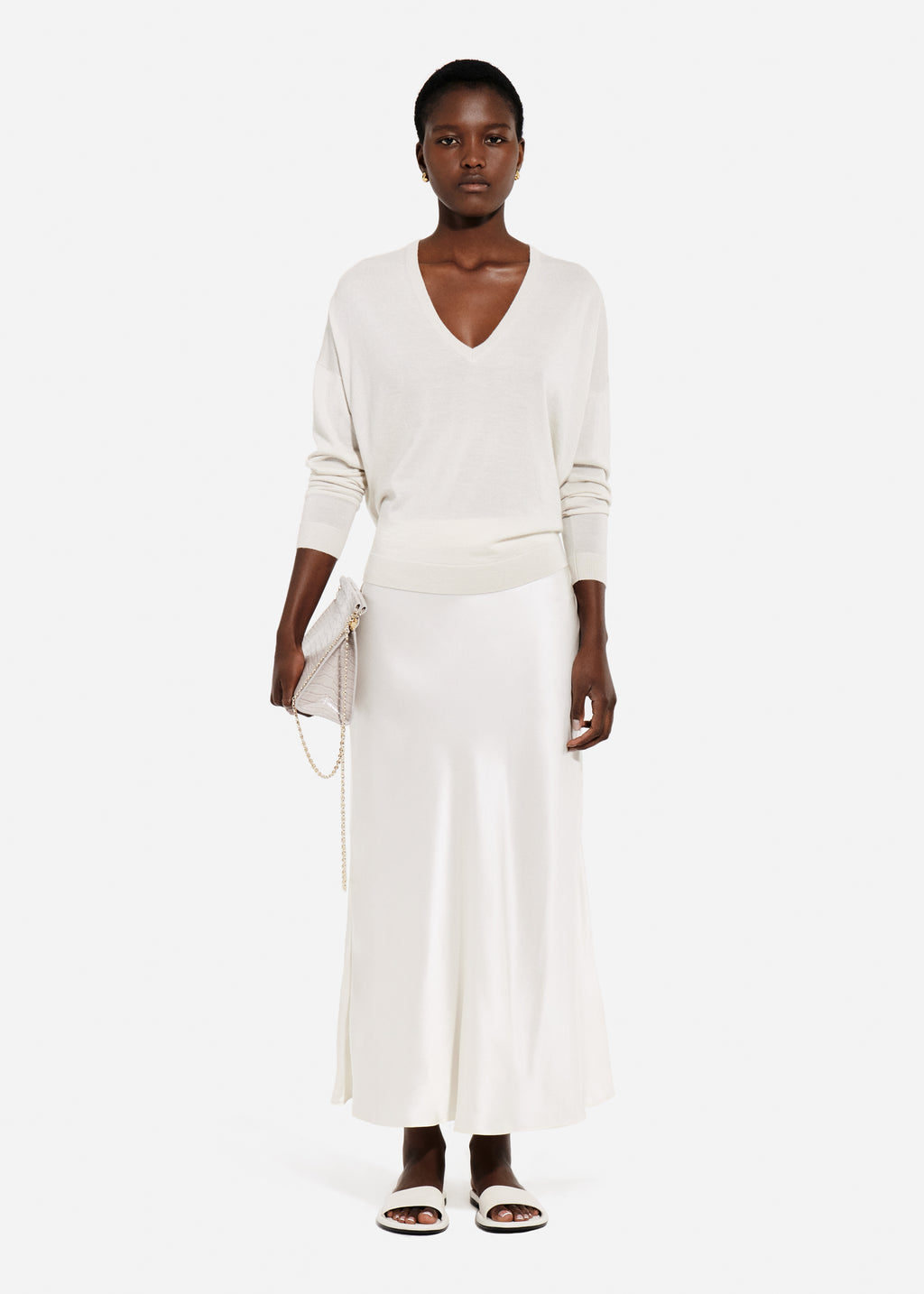 V-Neck Sweater in Fine Cashmere - Pearl - CO