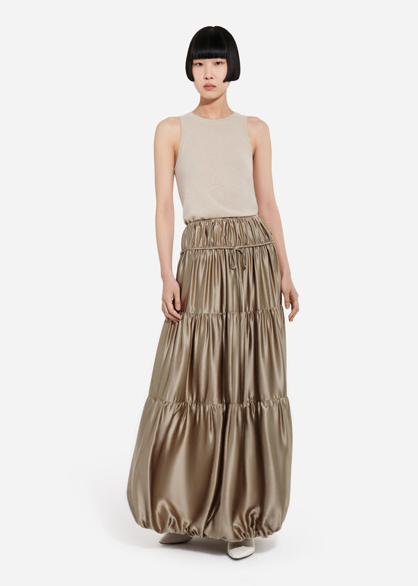 Soft Gathered Bubble Skirt in Silk Charmeuse - Sesame - CO