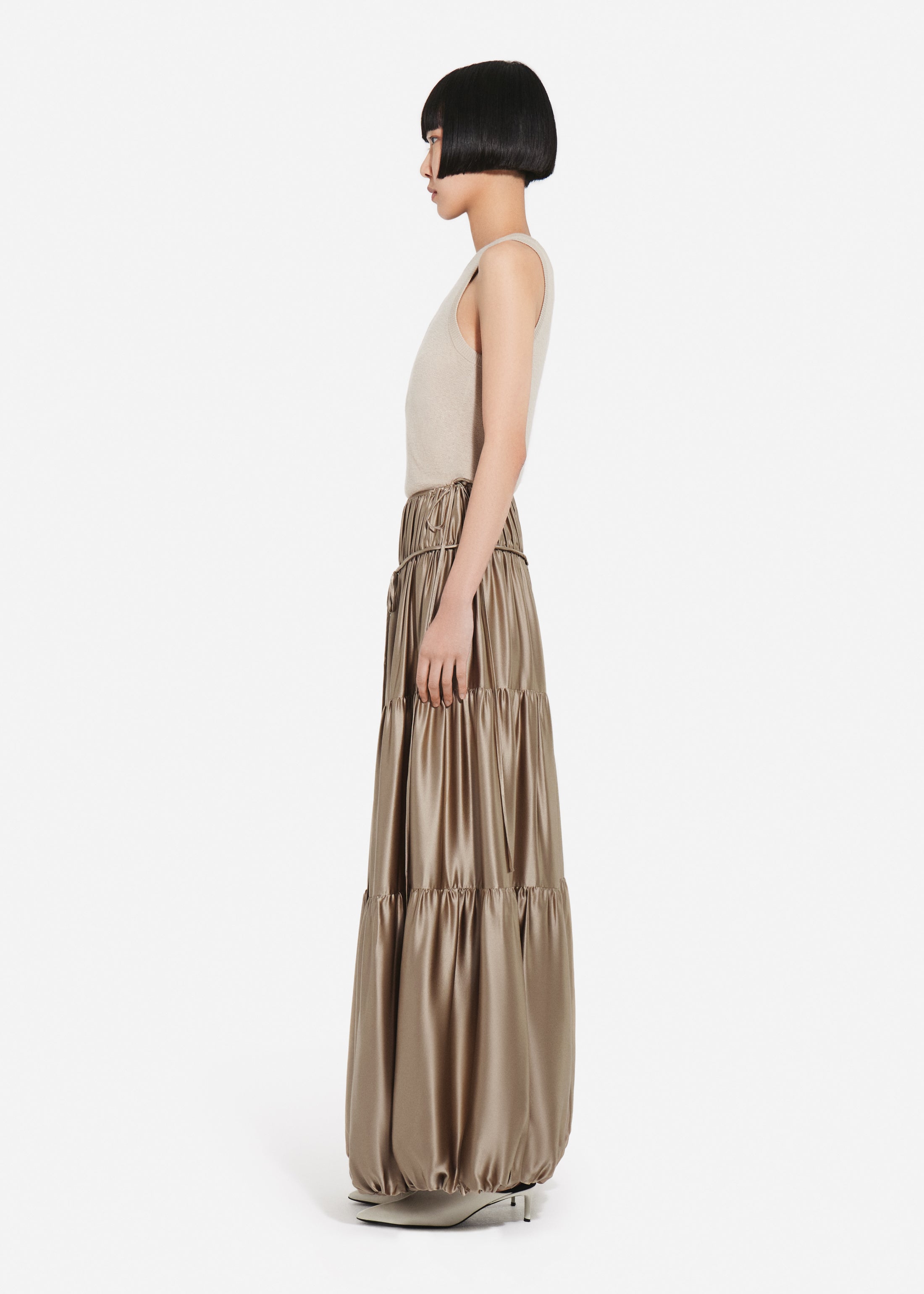Soft Gathered Bubble Skirt in Silk Charmeuse - Sesame