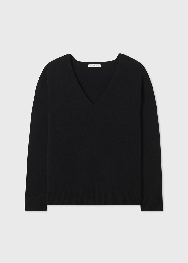 V-Neck Long Sleeve Sweater in Cashmere - Black - CO