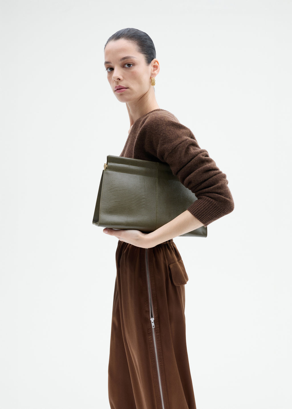 Large Leather Clutch - Olive - CO