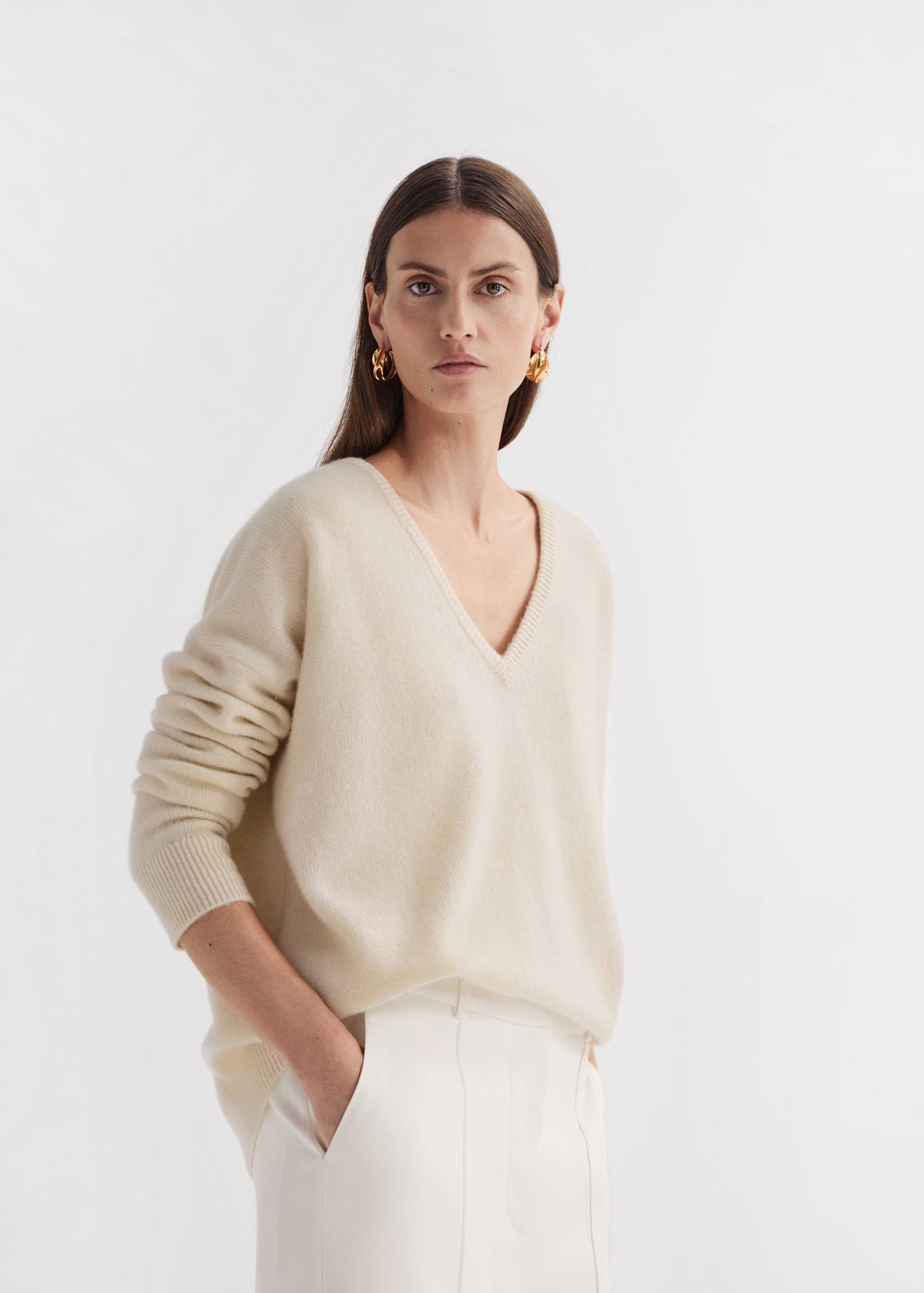 V-Neck Sweater in Fine Cashmere - Wheat, image 1 of 3