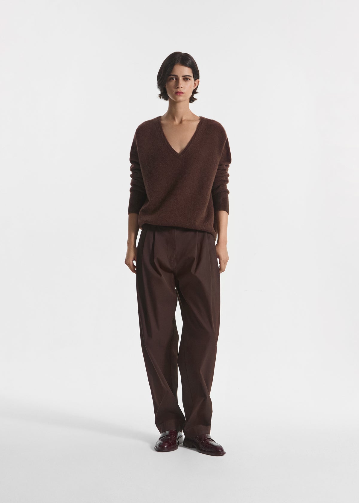 Wide Leg Pleated Pants in Cotton Twill - Chocolate, image 1 of 6