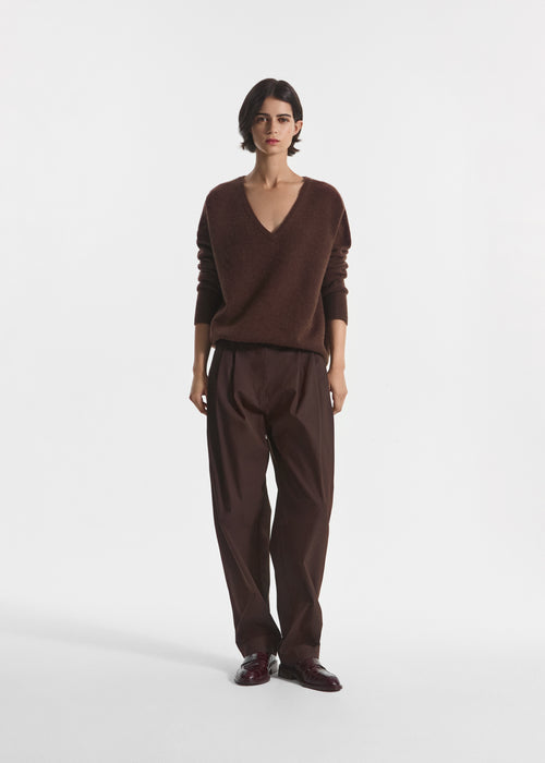 Wide Leg Pleated Pants in Cotton Twill - Chocolate, image 1 of 6