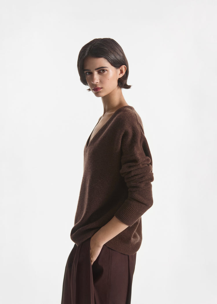 V-Neck Sweater in Cashmere - Brown, image 1 of 4