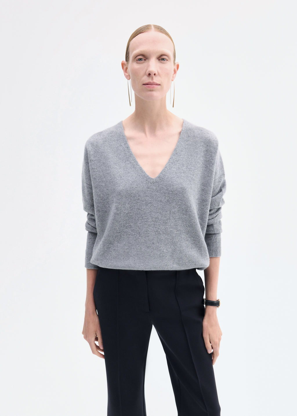 V-Neck Sweater in Cashmere - Grey - CO