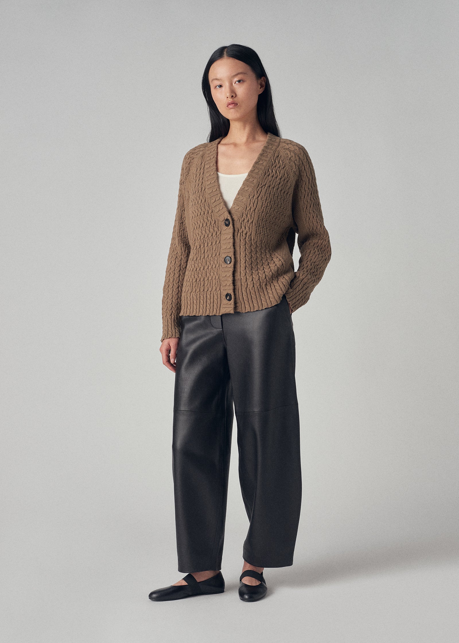 Patchwork Cable Cardigan in Cotton Knit - Taupe - CO Collections
