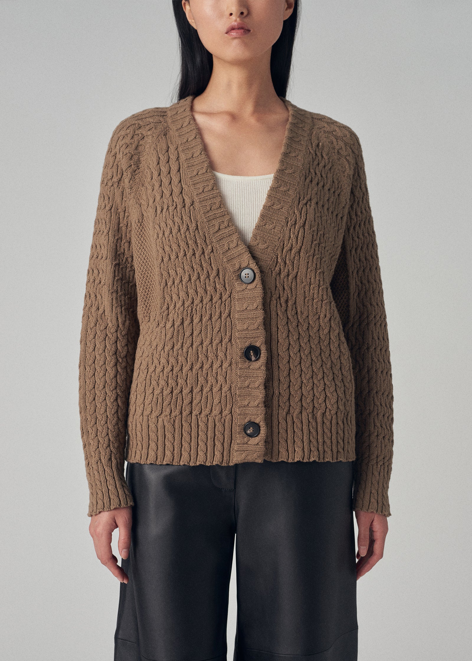 Patchwork Cable Cardigan in Cotton Knit - Taupe | CO