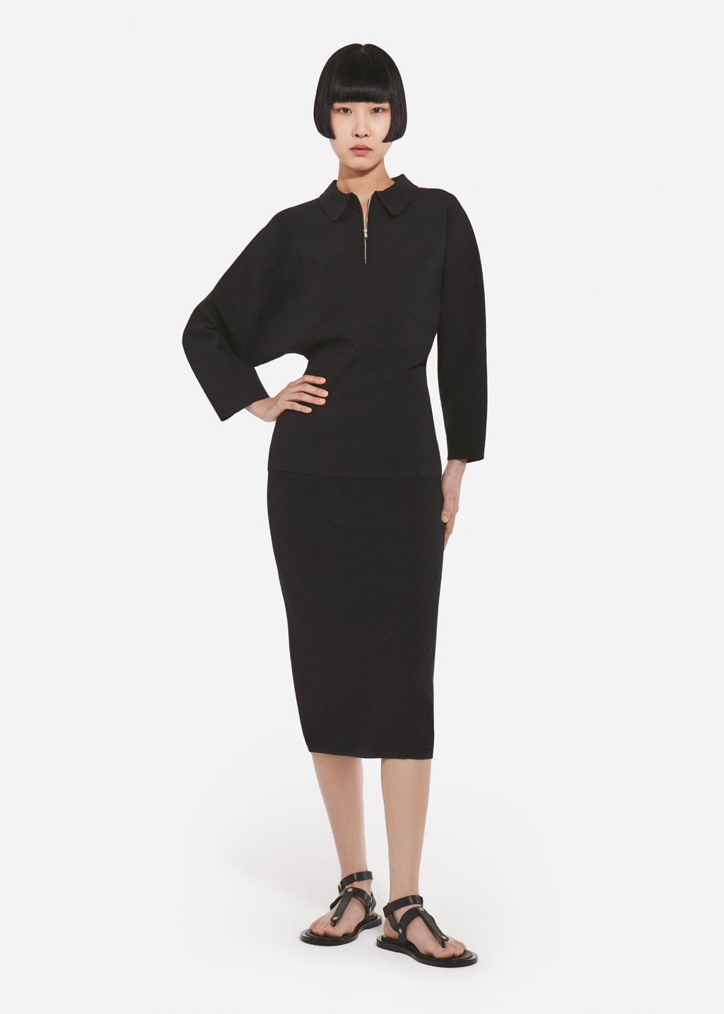 Collared Zipper Polo Top in Viscose - Black - CO