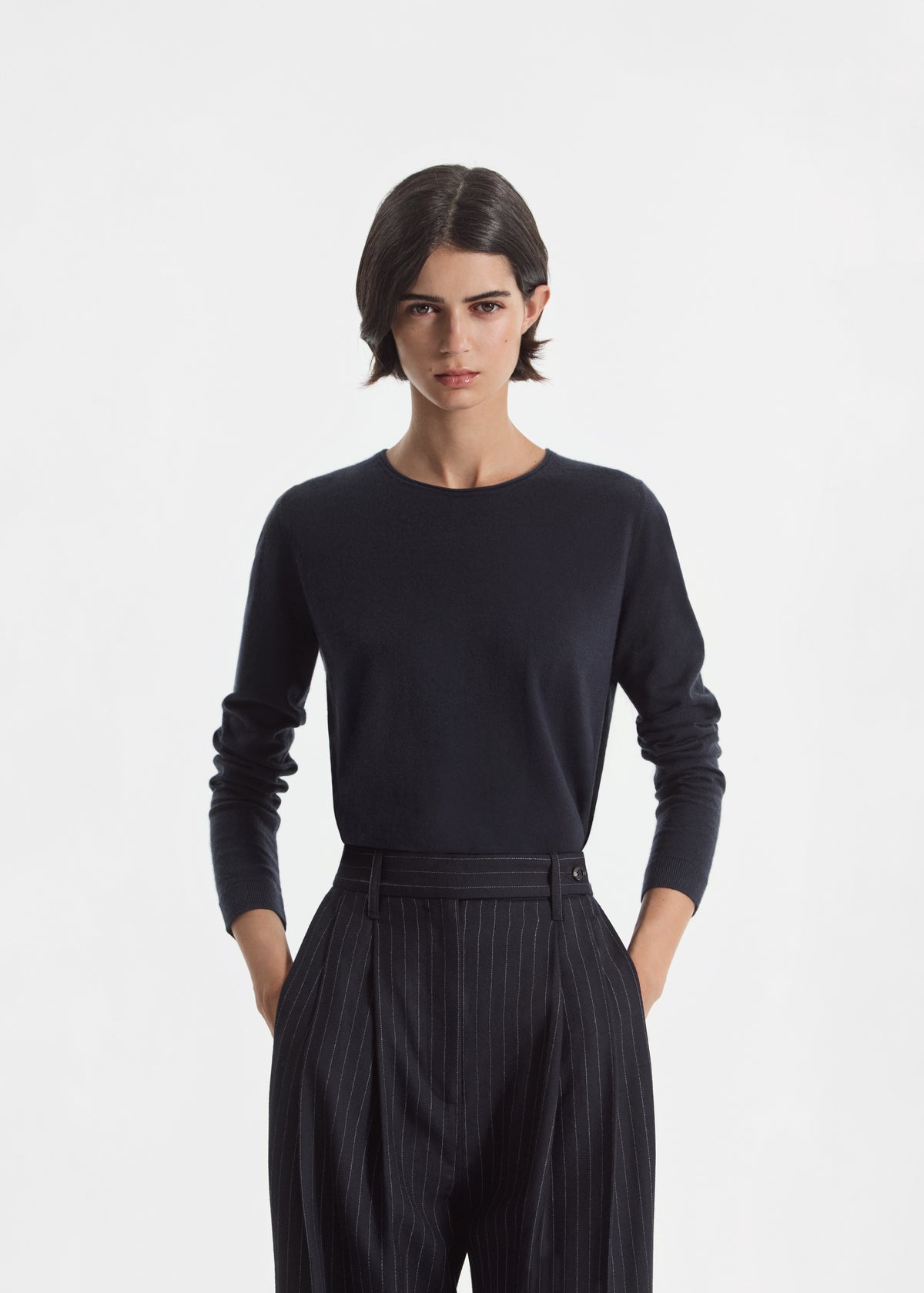 Rolled Crewneck Sweater in Fine Cashmere - Nocturne, image 1 of 4