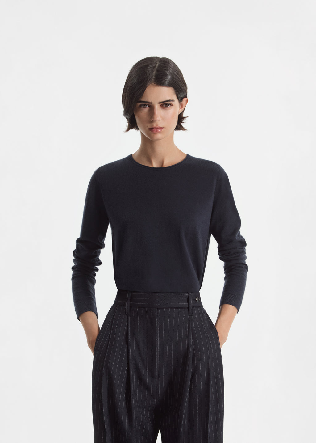 Rolled Crewneck Sweater in Fine Cashmere - Nocturne - CO