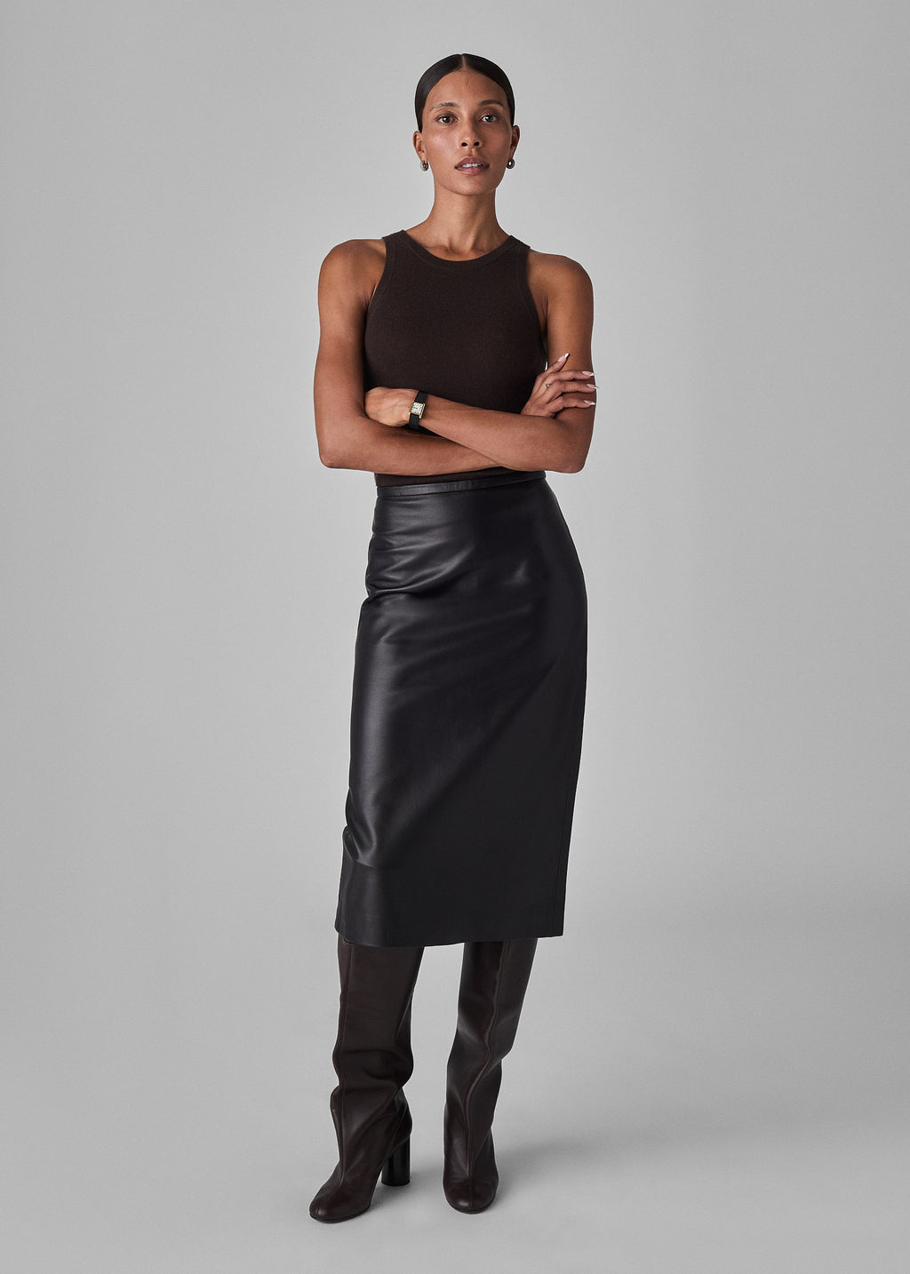 Midi Pencil Skirt in Glove Leather - Black - CO