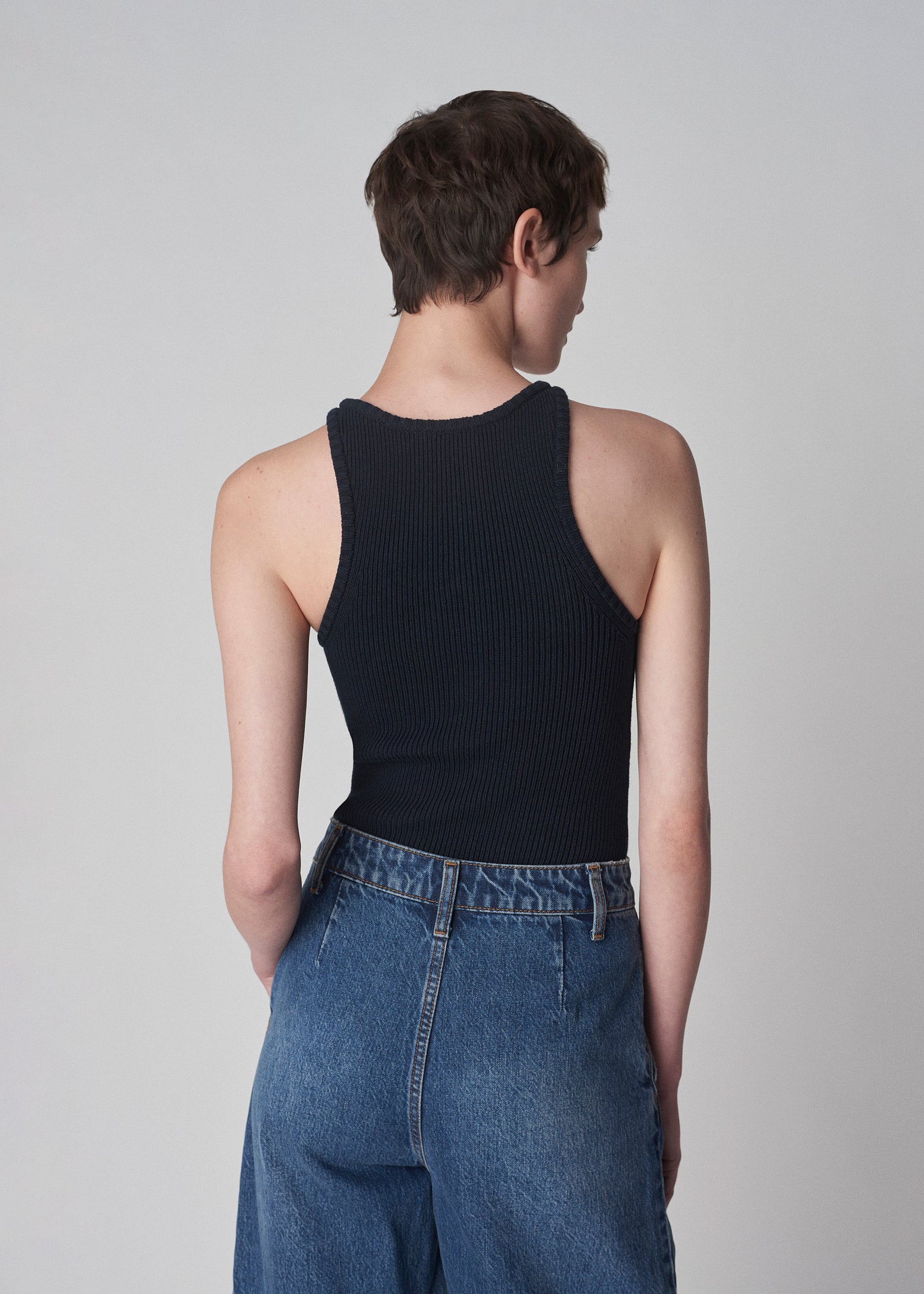 Ribbed Compact Knit Tank in Cotton  - Navy - CO Collections