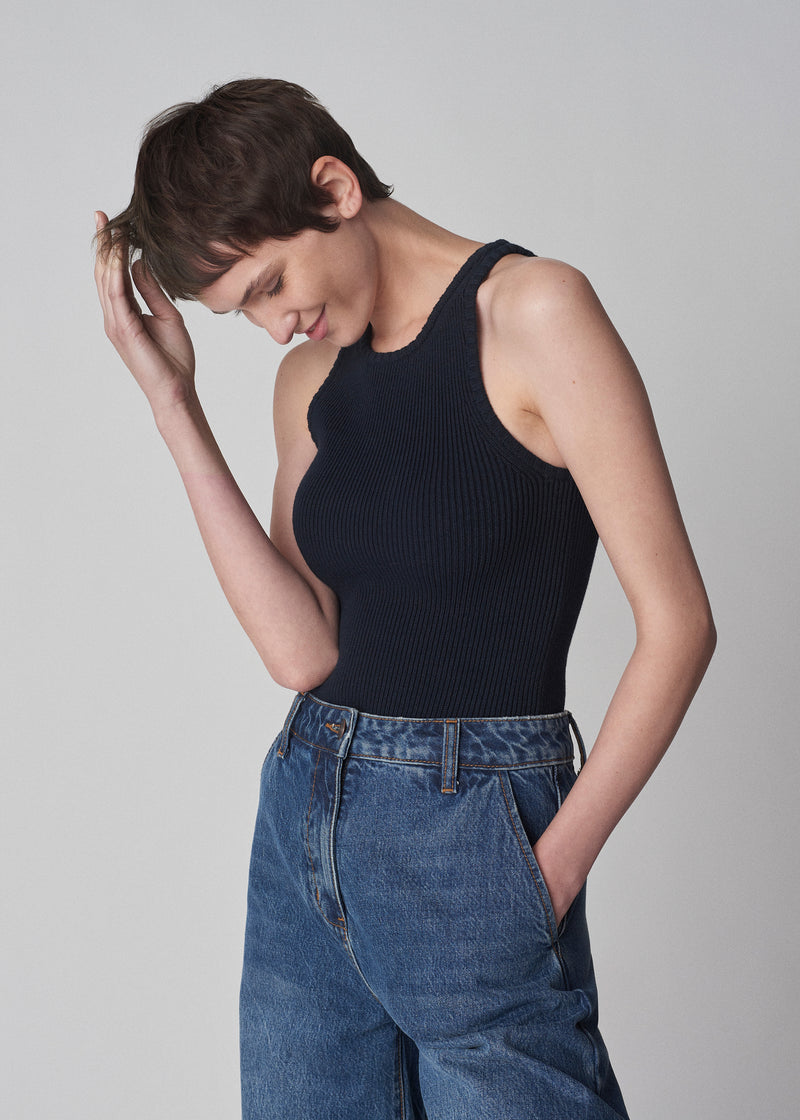 Ribbed Compact Knit Tank in Cotton  - Navy - CO