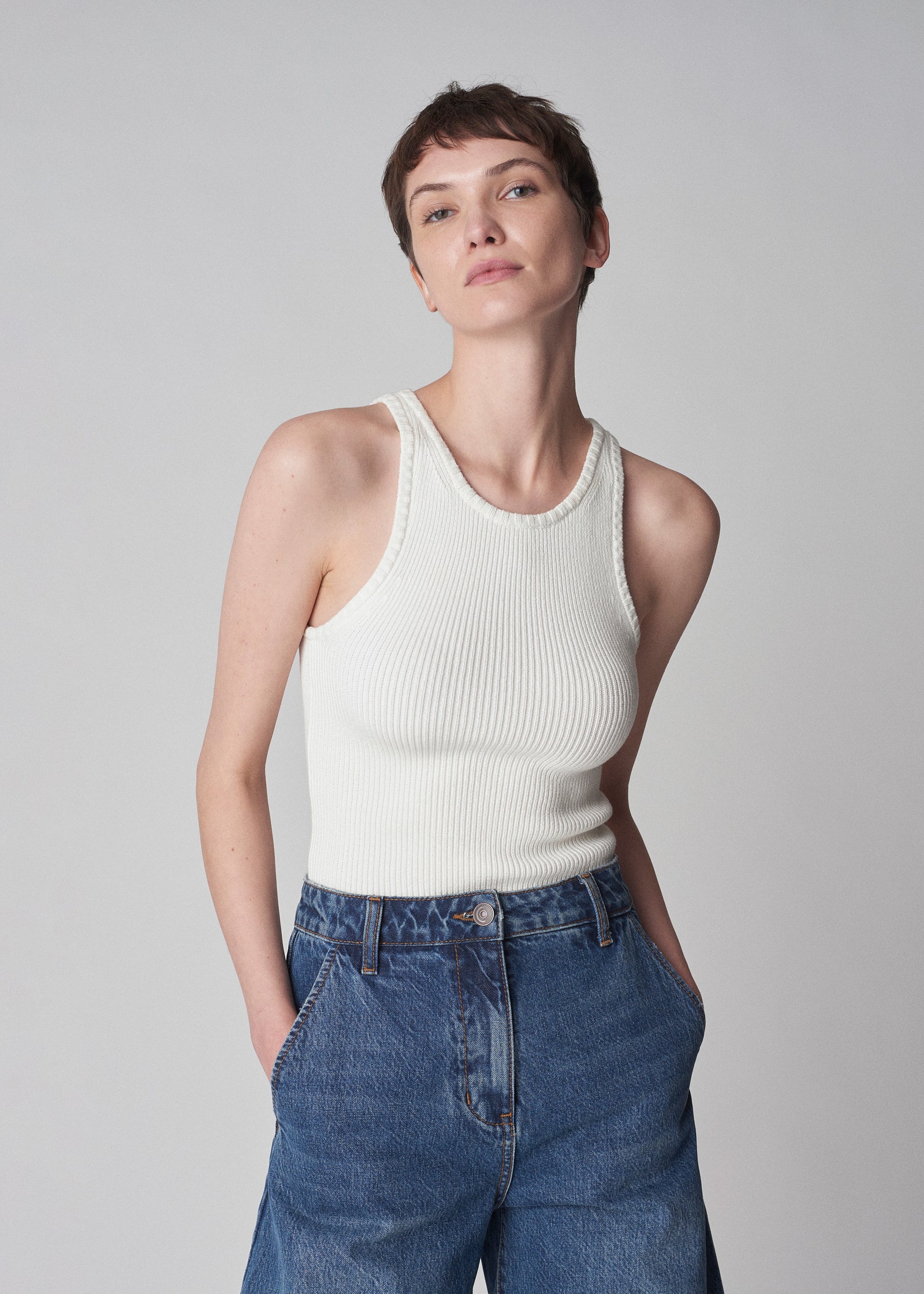 Ribbed Compact Knit Tank in Cotton  - White - CO Collections
