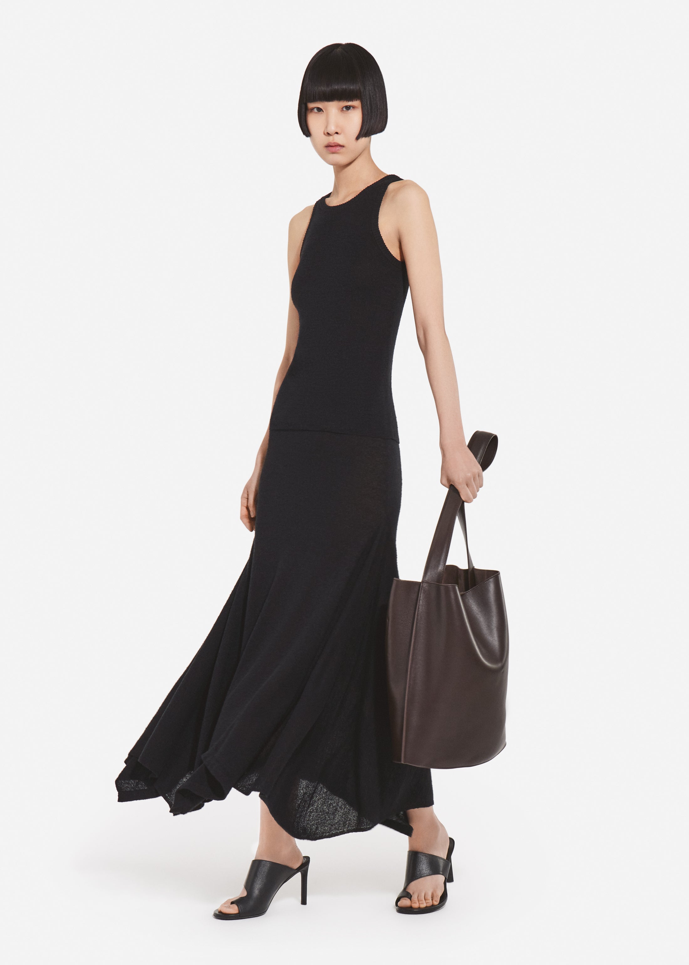 Flared Midi Skirt in Silk Linen - Black