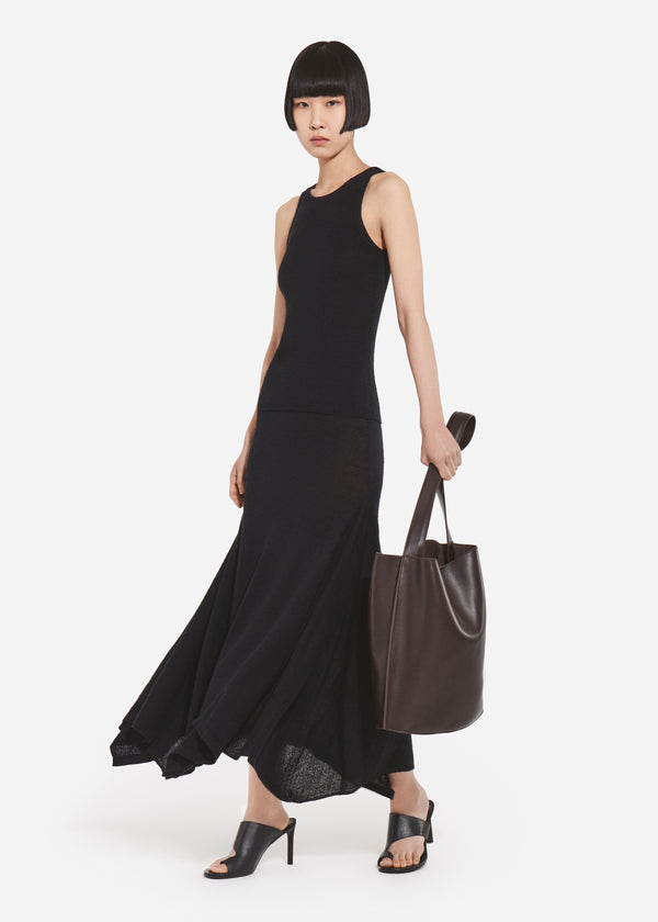 Flared Midi Skirt in Silk Linen - Black - CO