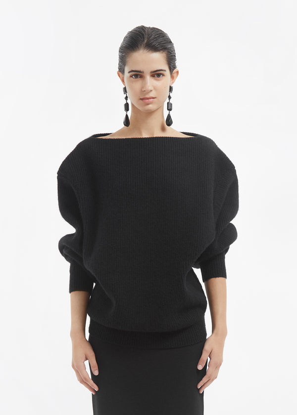 Oversized Boatneck Sweater in Wool Cashmere - Black - CO