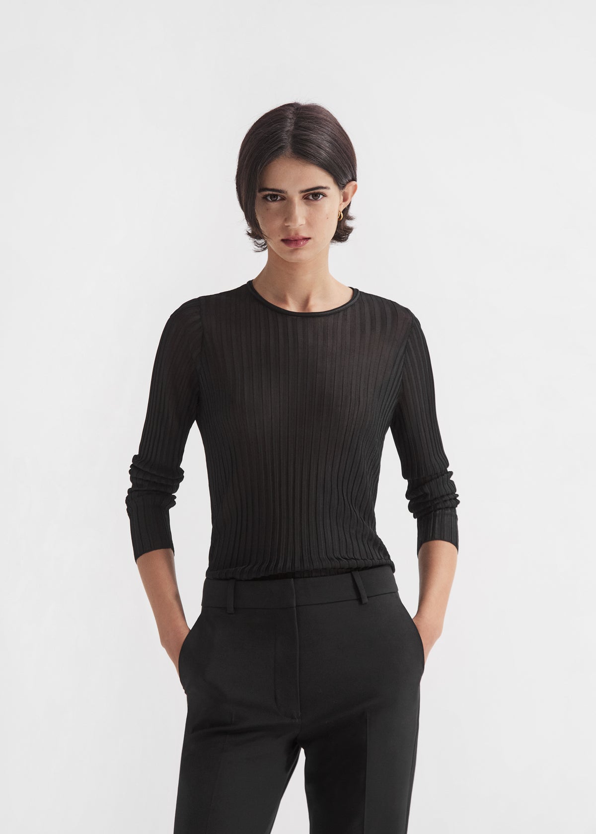 Sheer Rib Long Sleeve Crewneck in Viscose - Black, image 1 of 3