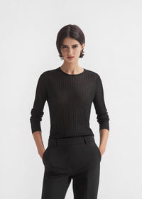 Sheer Rib Long Sleeve Crewneck in Viscose - Black