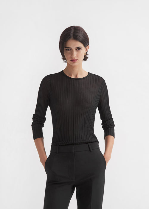 Sheer Rib Long Sleeve Crewneck in Viscose - Black, image 1 of 3