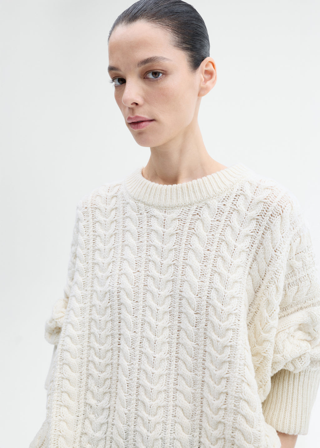 Cableknit Sweater in Wool Blend Yarn -  Ivory - CO